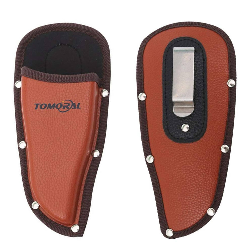 Brown PU leather pruning shear holster pouch with dark flap and snap rivets