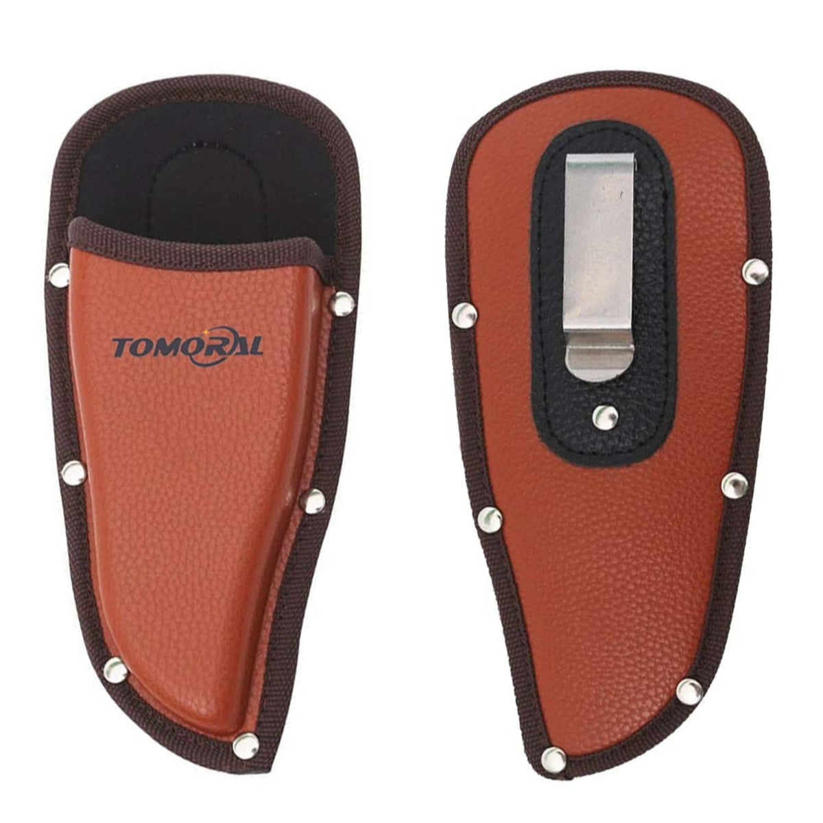 Brown PU leather pruning shear holster pouch with dark flap and snap rivets