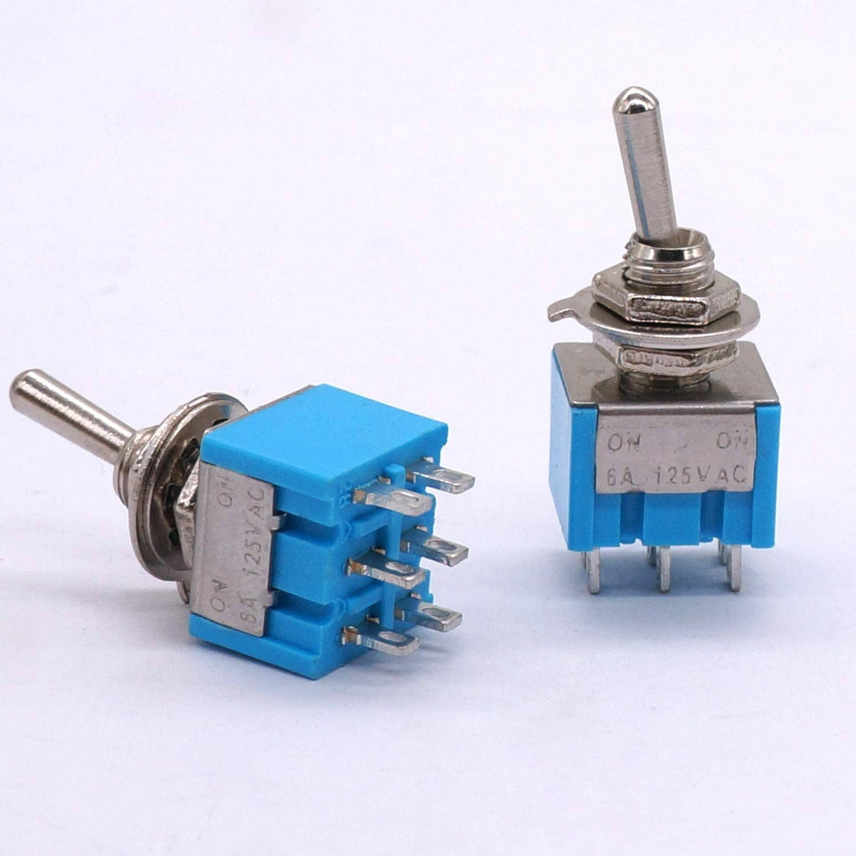 Mini DPDT toggle switches, two angles, blue housing, metal lever and terminals