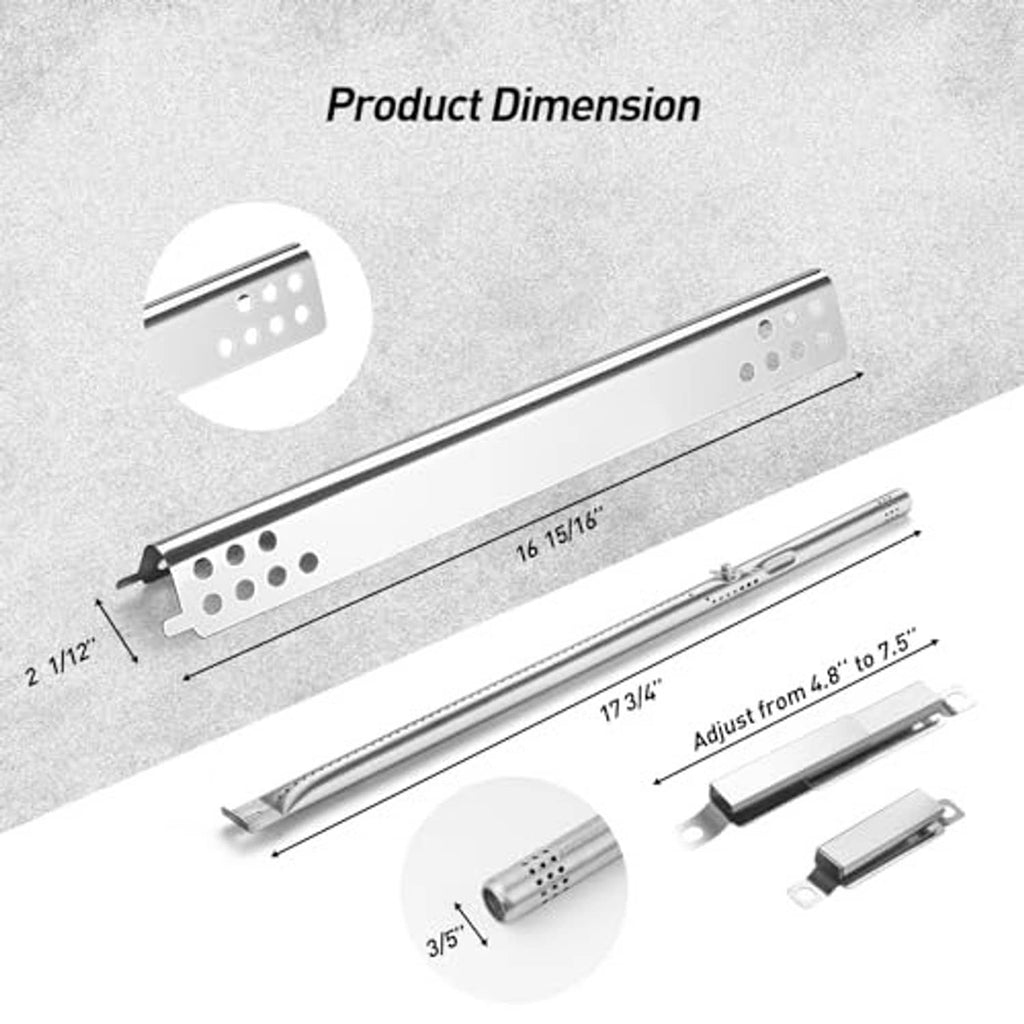 Stainless steel burner bar with included control rod and measurement diagram