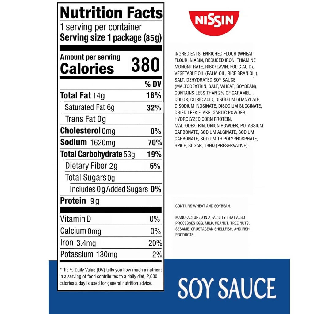 Top Ramen soy sauce flavor nutrition facts and ingredients label