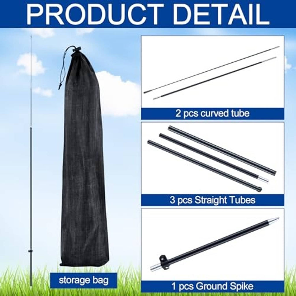 Feather flag pole kit parts: black storage bag, curved/straight tubes, ground spike