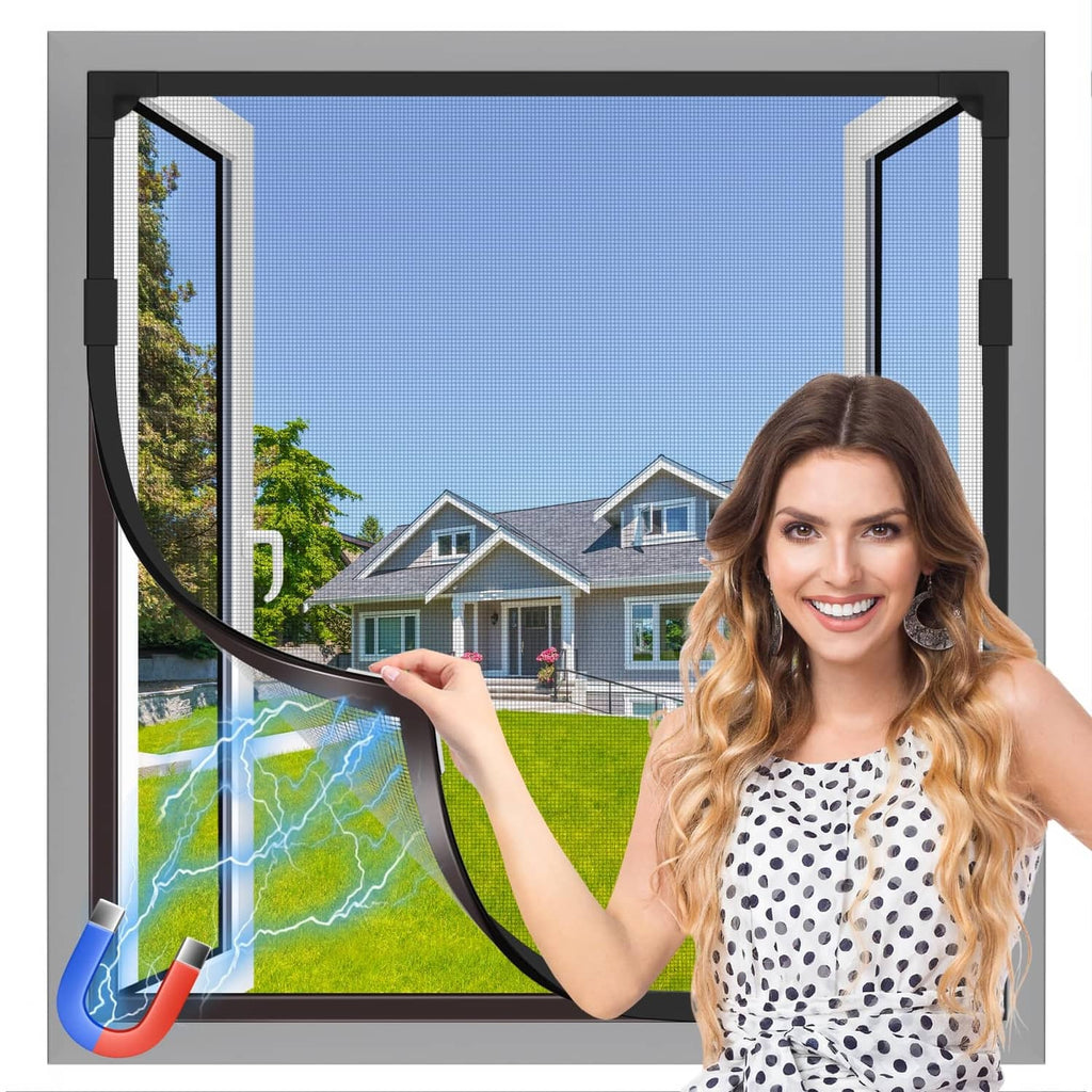 Black frame magnetic window screen with fine mesh panel for home windows