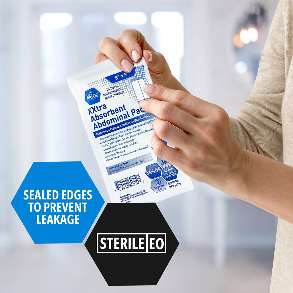 Sterile XXtra absorbent abdominal pad, 5x9 in, sealed edges, single use