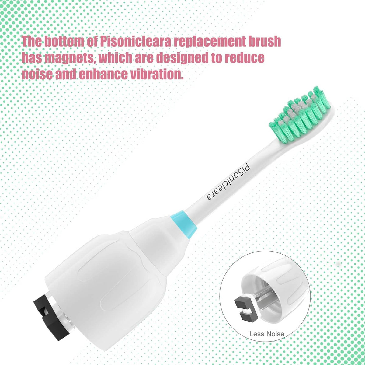 Replacement toothbrush head with green bristles and white base