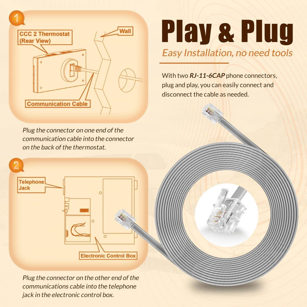 RV air conditioner communication cable, coiled 40 ft gray cable with RJ-11 connectors
