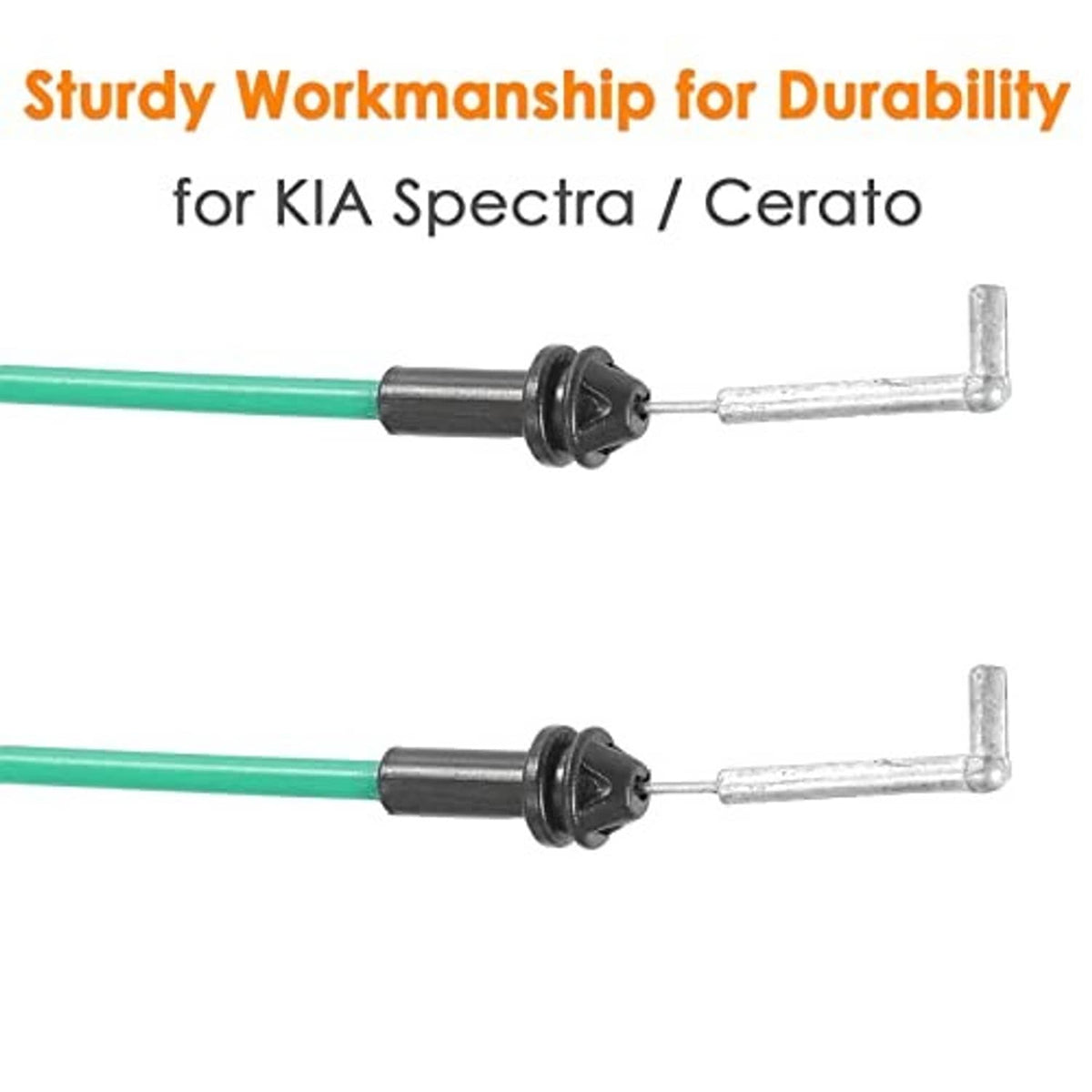 Close-up of green door handle release cables with black connector and metal mounting pins.