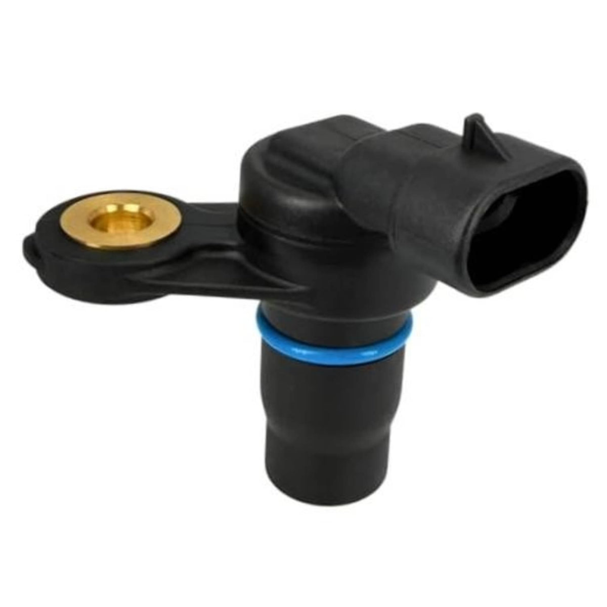 Black camshaft position sensor with gold mounting hole and blue O-ring ring