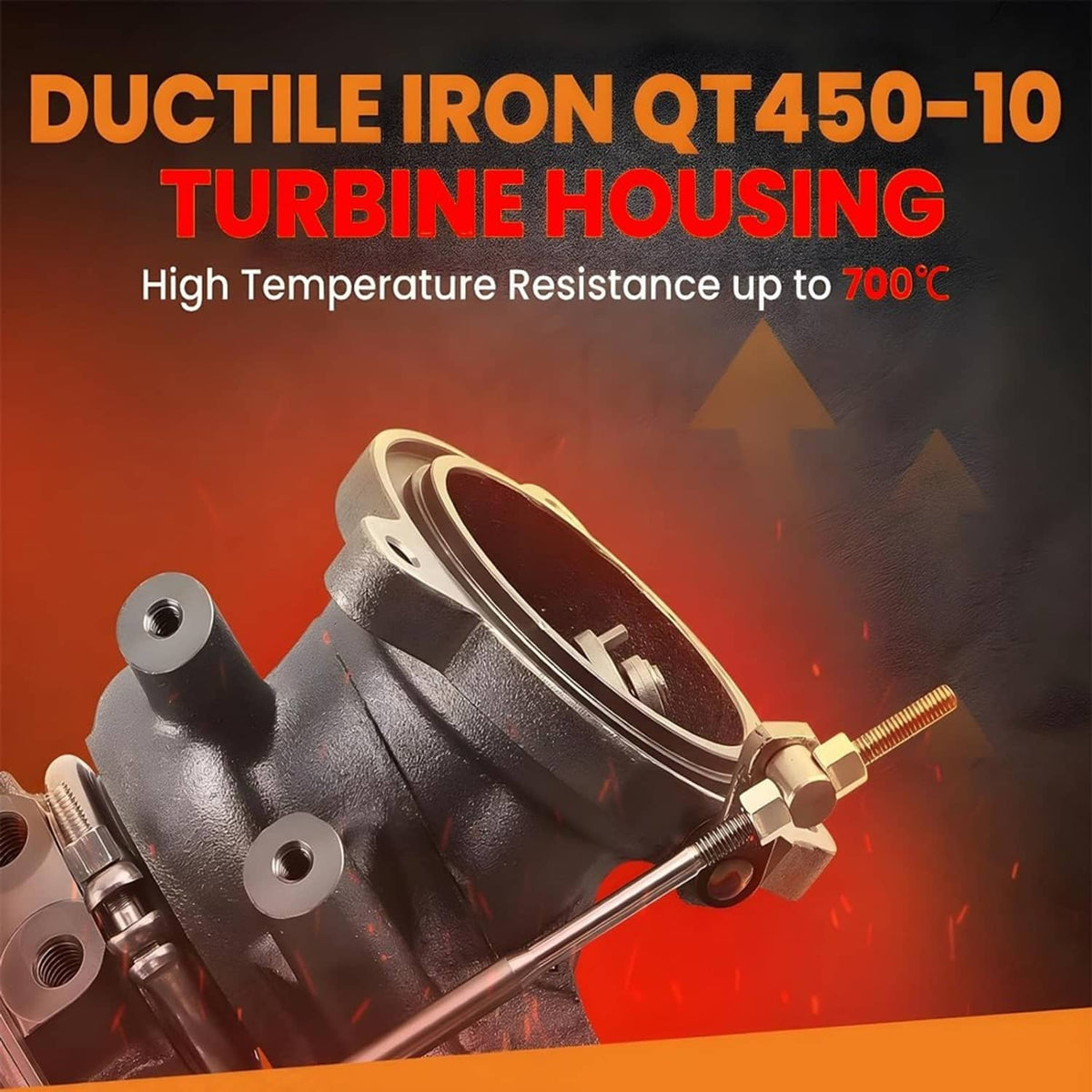 Turbocharger turbine housing with metal body, shown in close-up cutaway