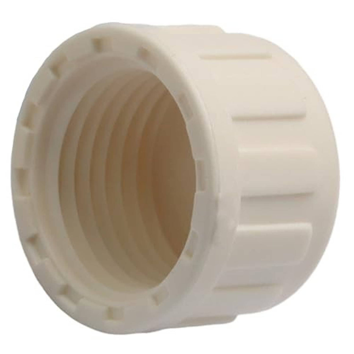 PVC sprinkler pipe cap, white threaded inlet with ridged exterior grip