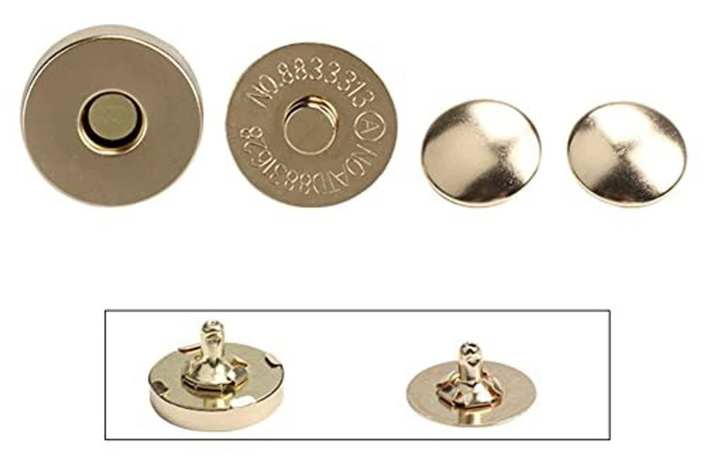Gold-tone 18mm magnetic button snap with double rivet, shown front and back