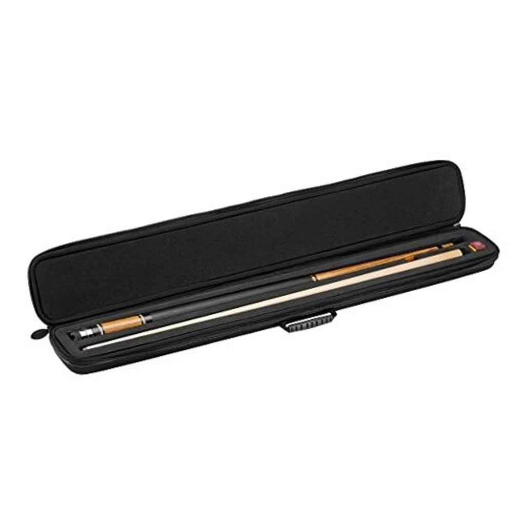 Black cue case with black trim, open interior with space for cue and accessories
