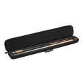 Black cue case with black trim, open interior with space for cue and accessories