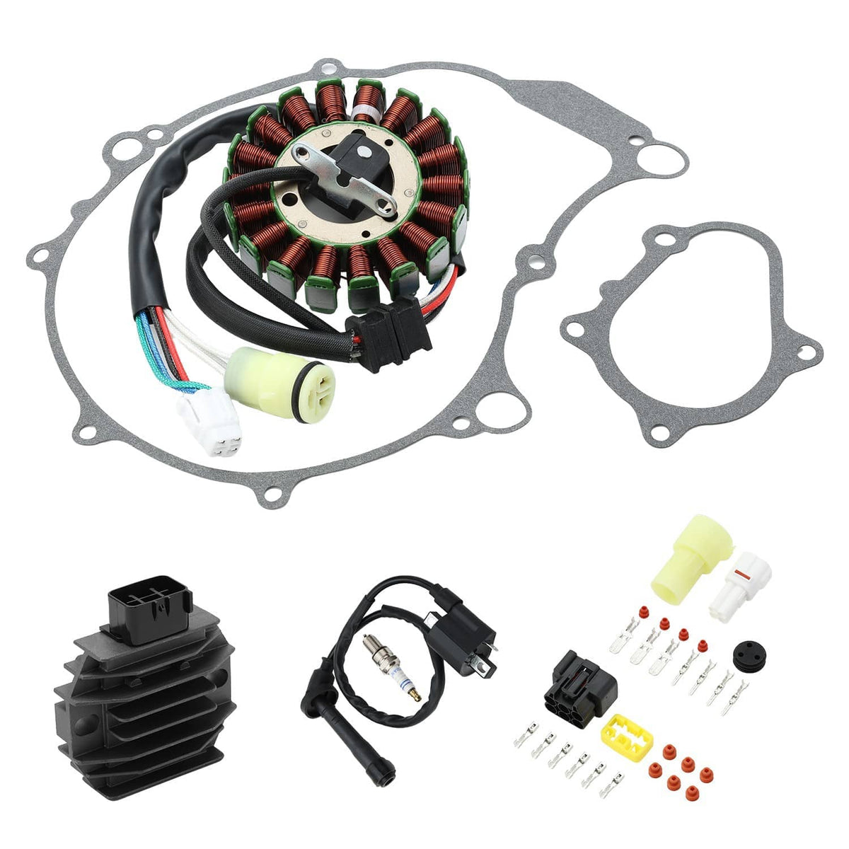 Motorcycle stator assembly with ignition coil, regulator rectifier, and mounting gaskets