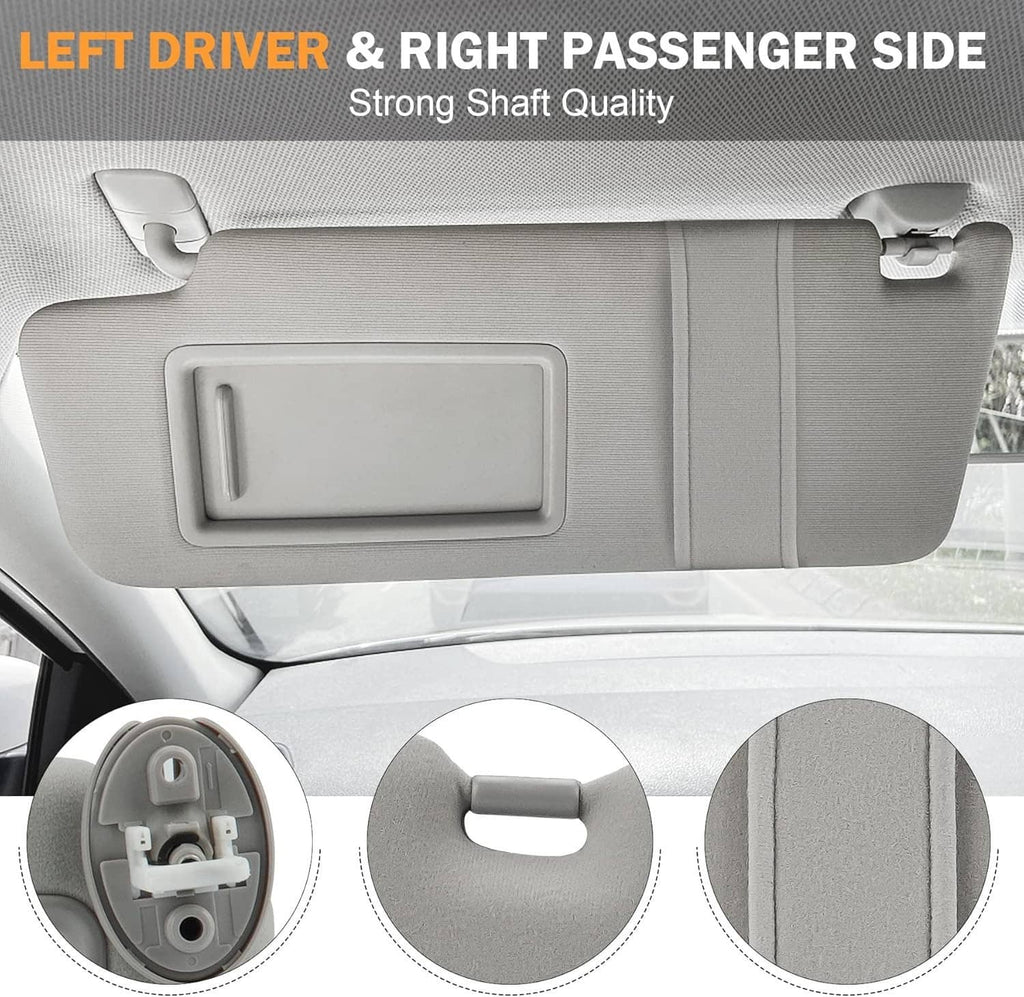 Gray sun visor for driver and passenger sides with vanity mirror cutout