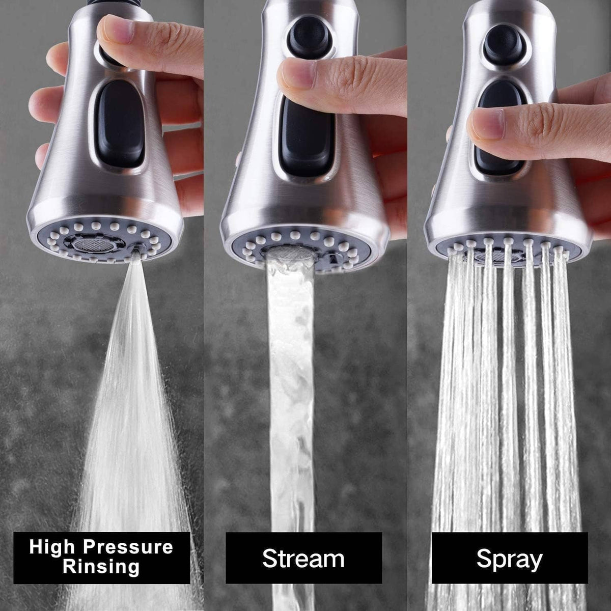 Pull-down spray head with adjustable rinse, stream, and spray patterns