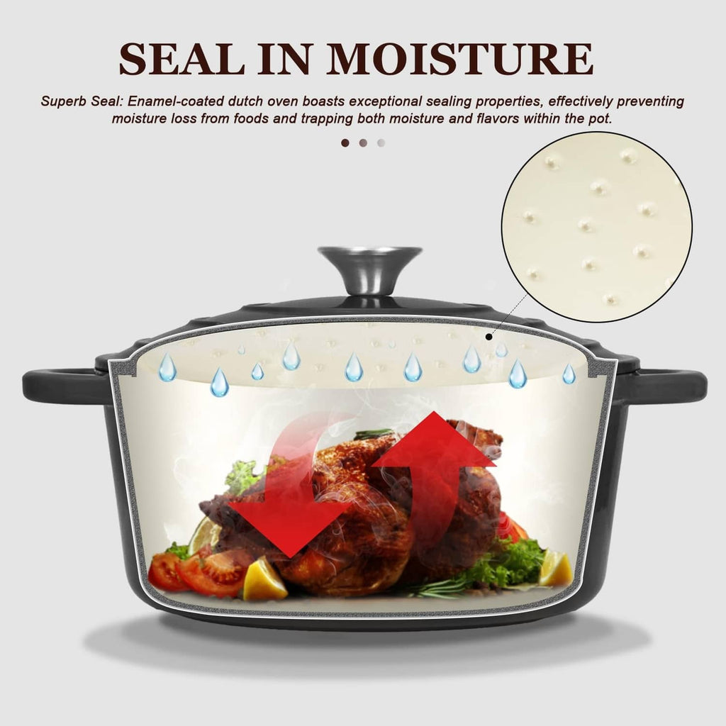 Graphite gray enameled Dutch oven with lid, moisture-sealing interior design