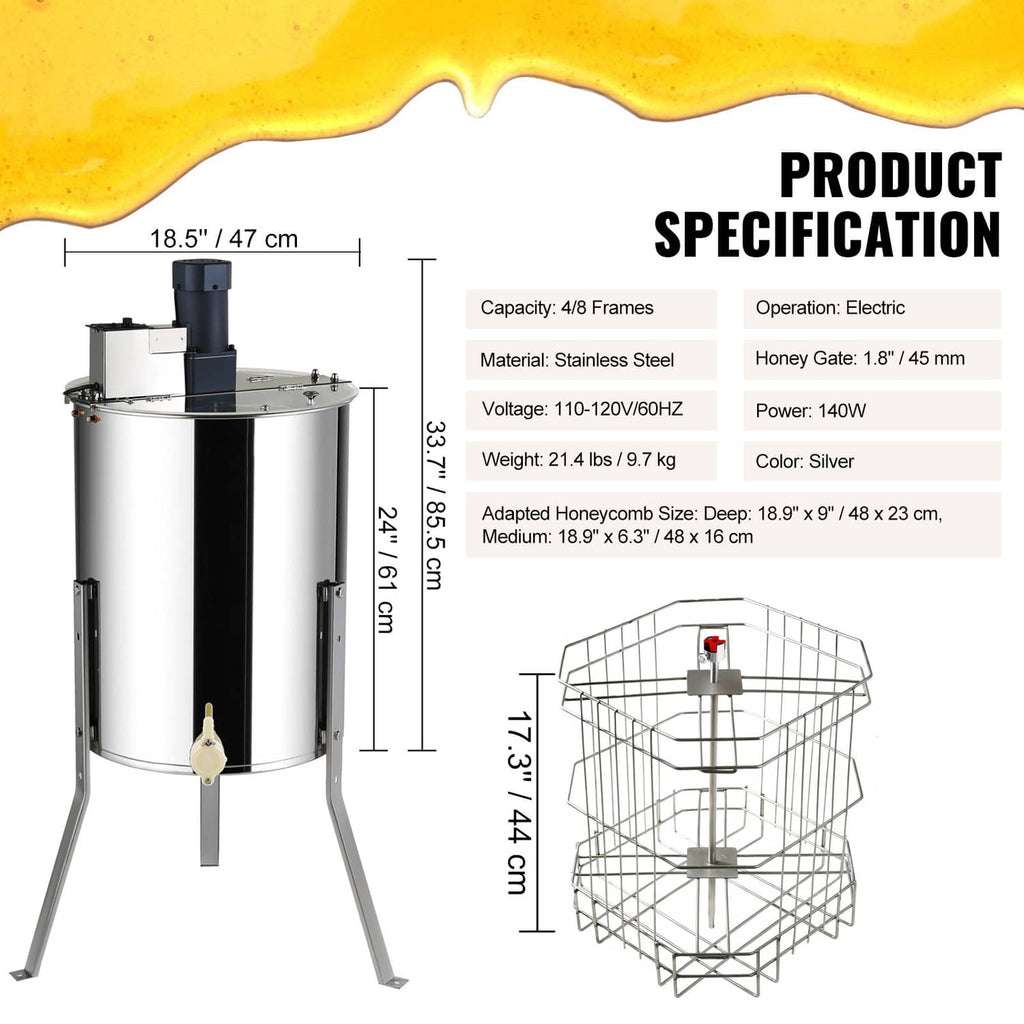 Electric honey extractor dimensions view with stainless steel drum and basket