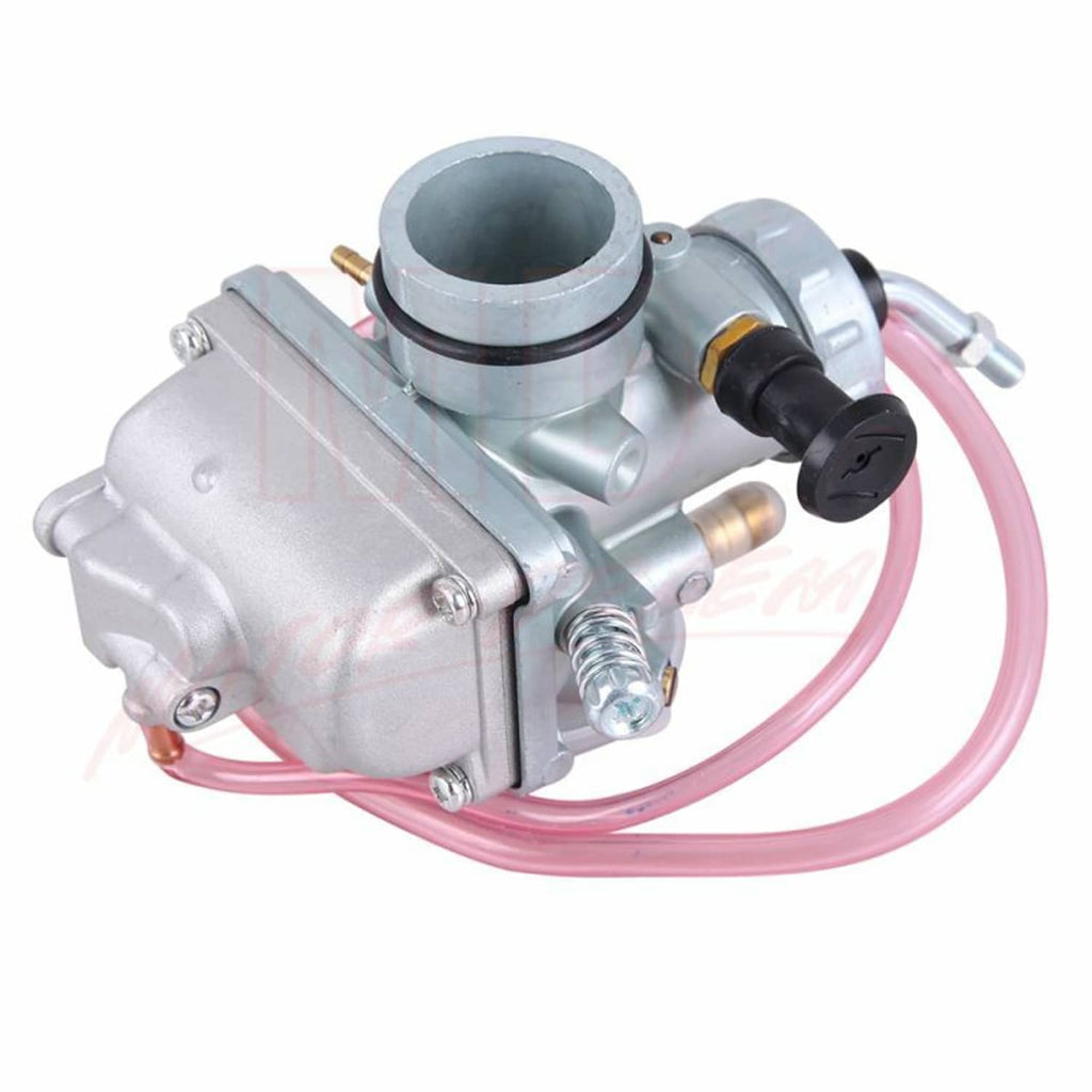 Silver carburetor with air inlet opening and black choke switch, pink hoses