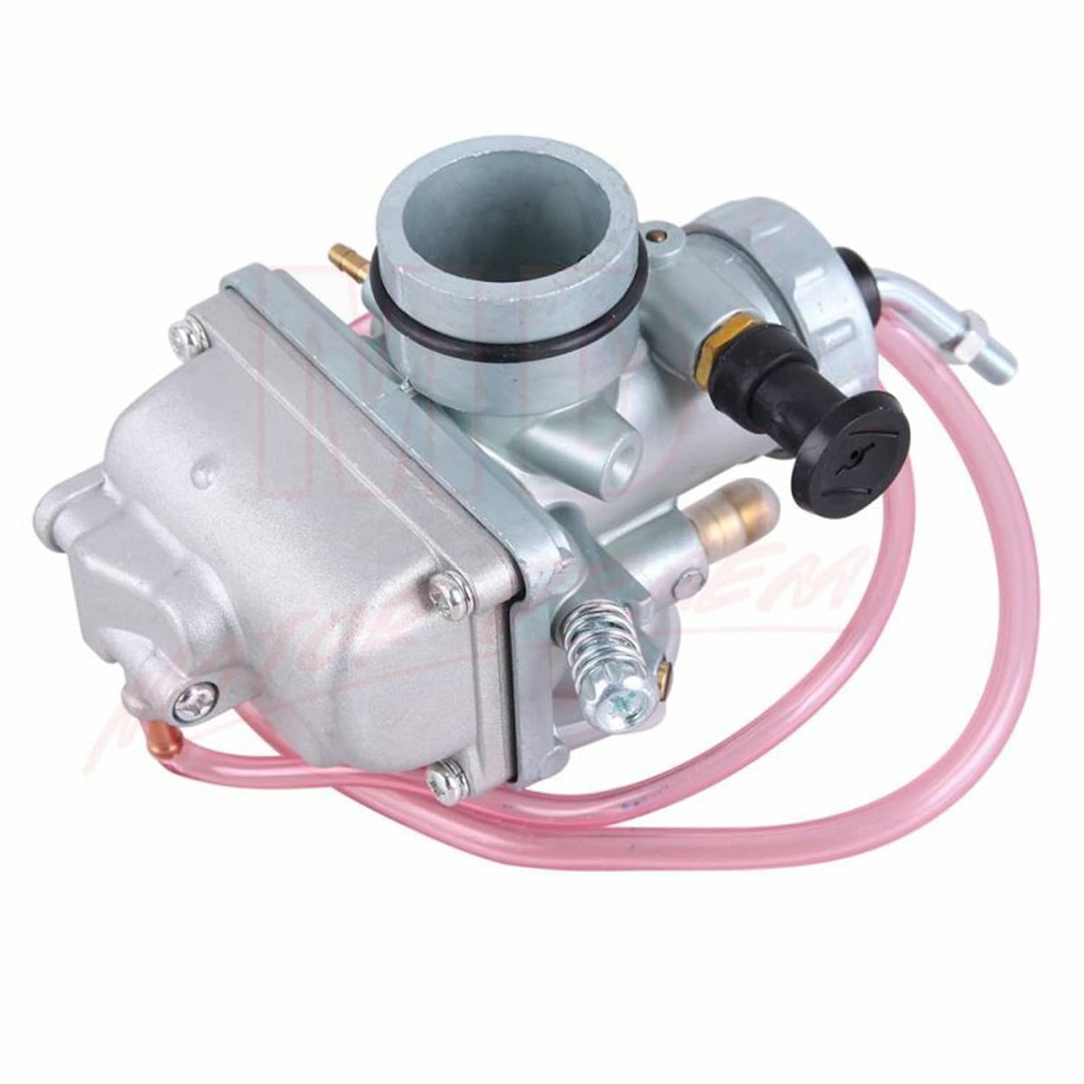Silver carburetor with air inlet opening and black choke switch, pink hoses