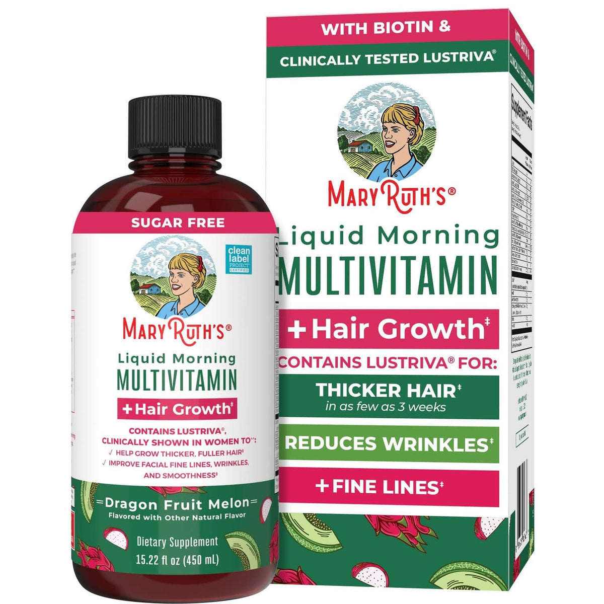 Liquid morning multivitamin bottle and box with biotin and hair growth claims