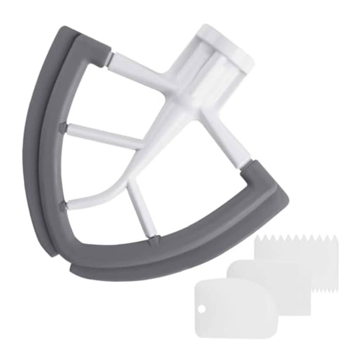 White beater attachment with gray flexible silicone edge for tilt-head stand mixer bowl