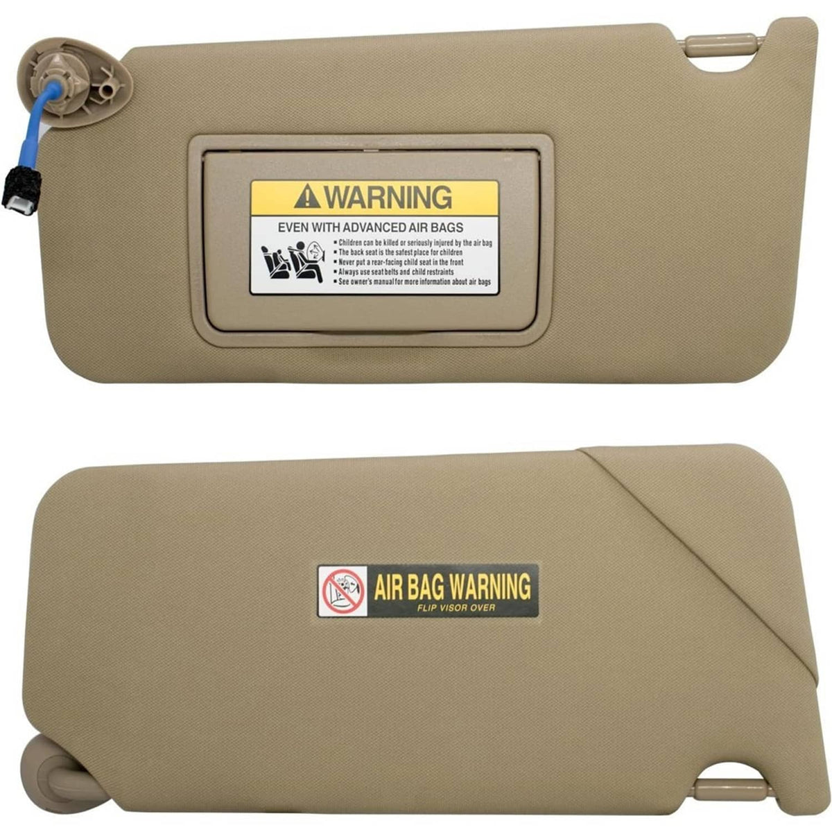 Beige left sun visor with warning label panel and light wiring/connector on the top