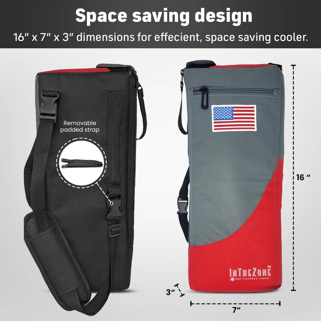 Gray and red insulated golf bag cooler with removable padded shoulder strap