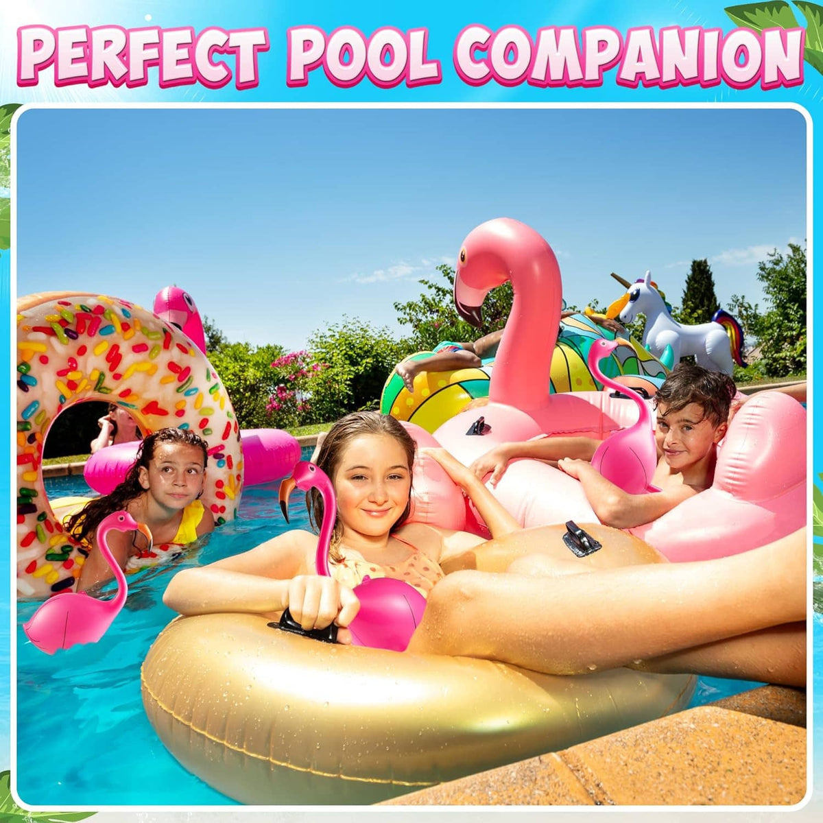 Pink inflatable flamingo party decor floating in a pool on an outdoor day