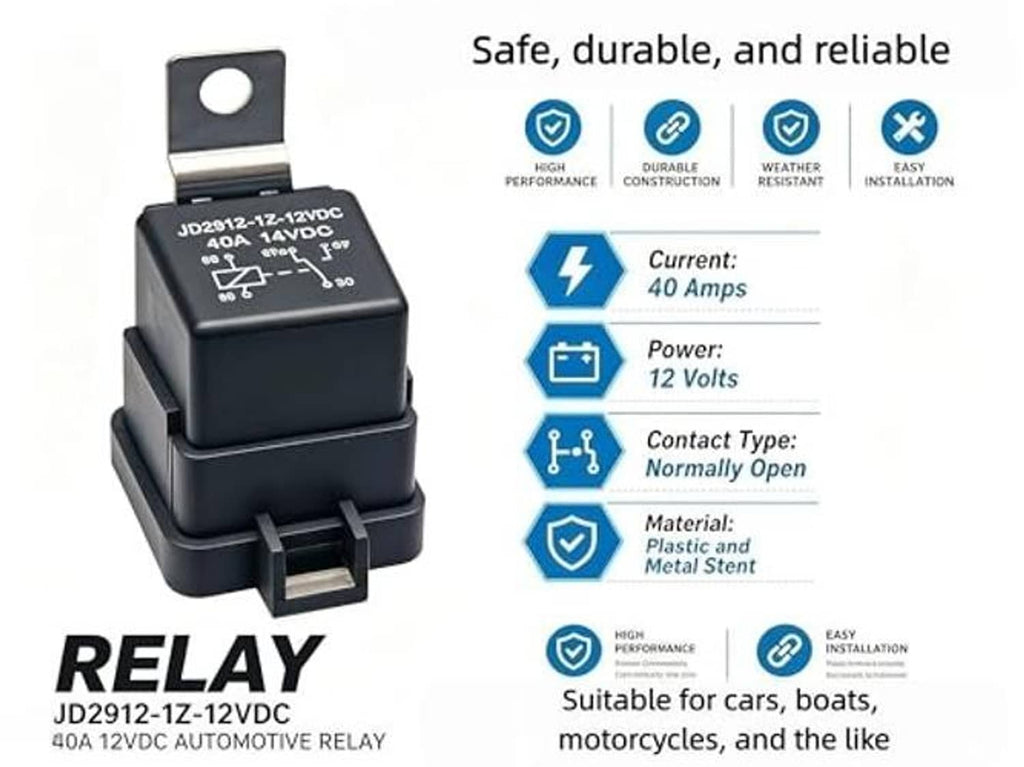 12V DC relay, black housing and metal bracket with printed electrical markings