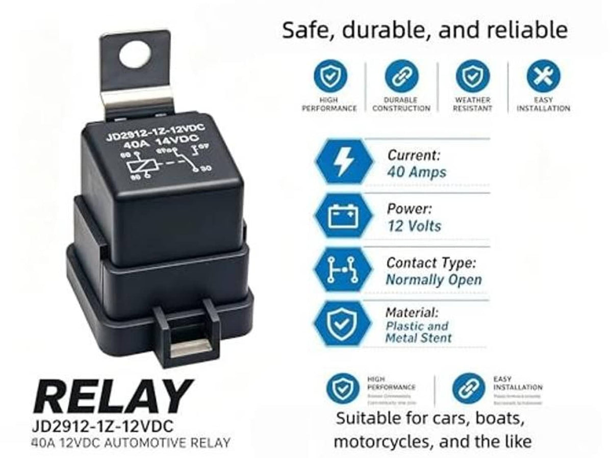 12V DC relay, black housing and metal bracket with printed electrical markings