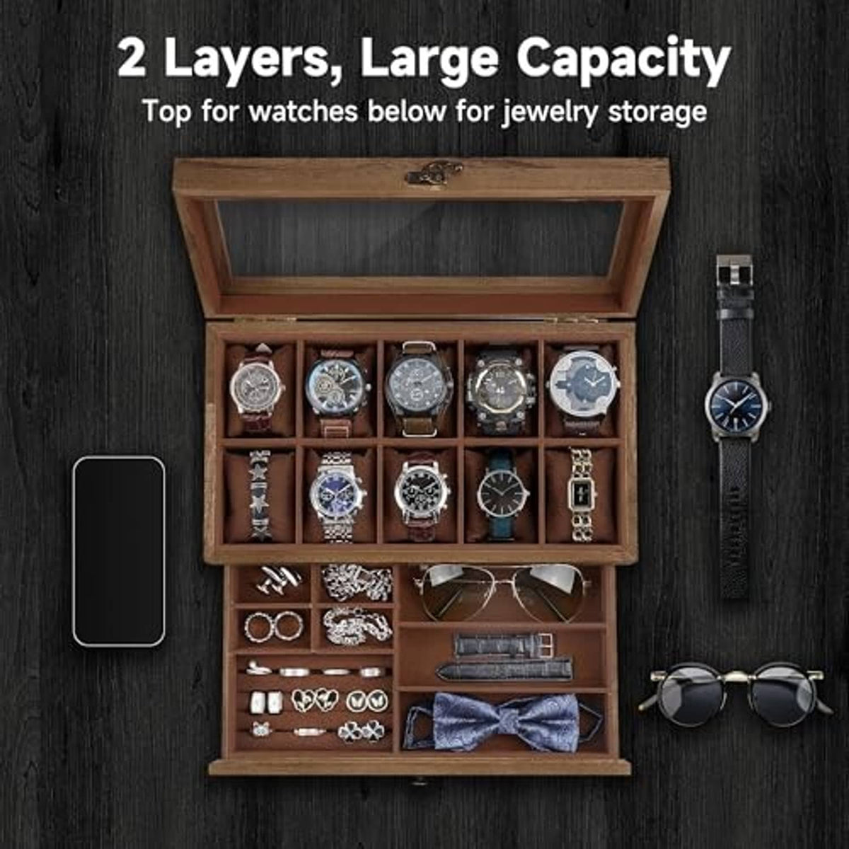 Walnut 10-slot watch box, open with glass lid, top watch rows and lower accessory bins
