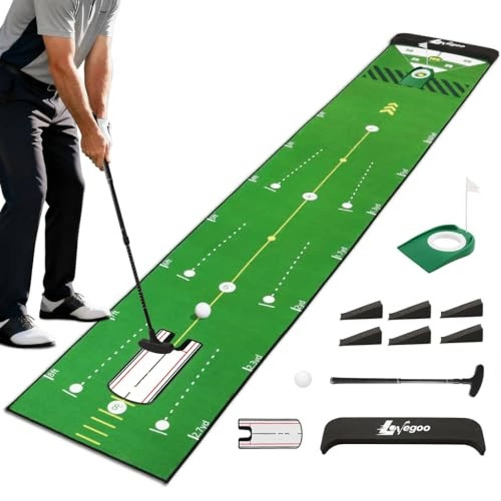 Green golf putting practice mat with alignment lines, putter, and white practice balls