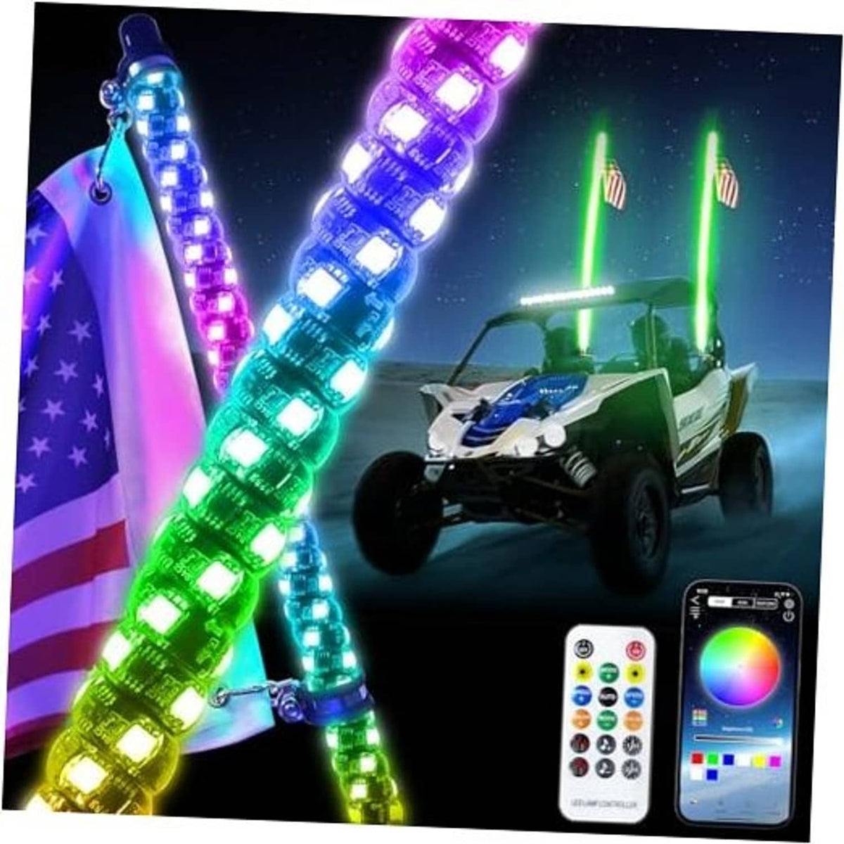 4 ft LED whip light with colorful spiral LEDs and hanging clips, plus handheld remote
