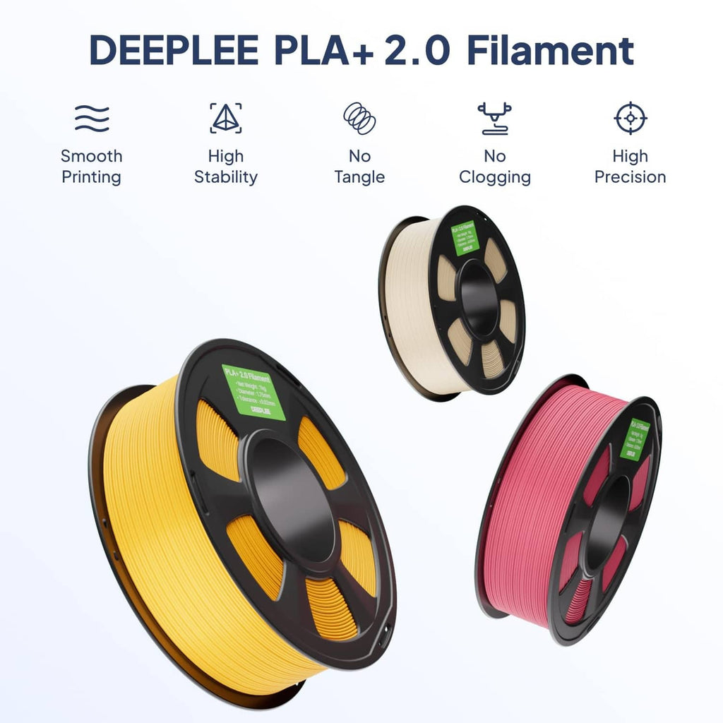 PLA+ filament spools in yellow, black, and other colors with visible spool centers