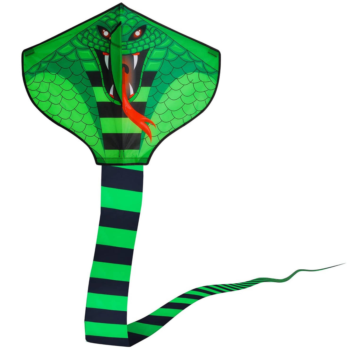 Green scaly snake kite with black stripe body and red tongue detail