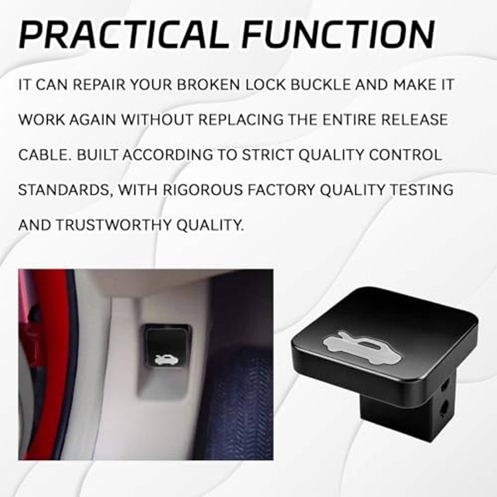 Black hood latch release handle with silver hood-release icon on textured base