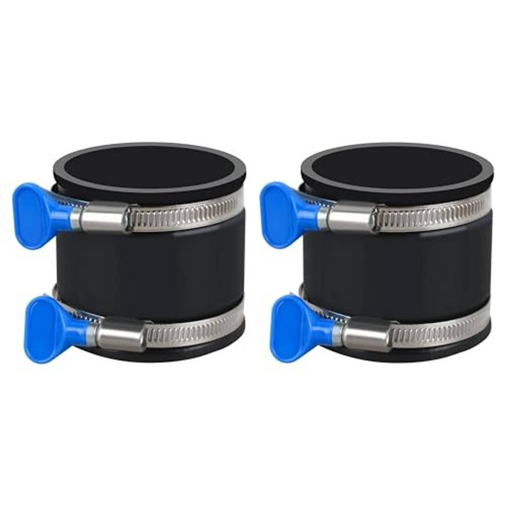 Two-piece black dust cuff coupler set with blue-handled steel hose clamps