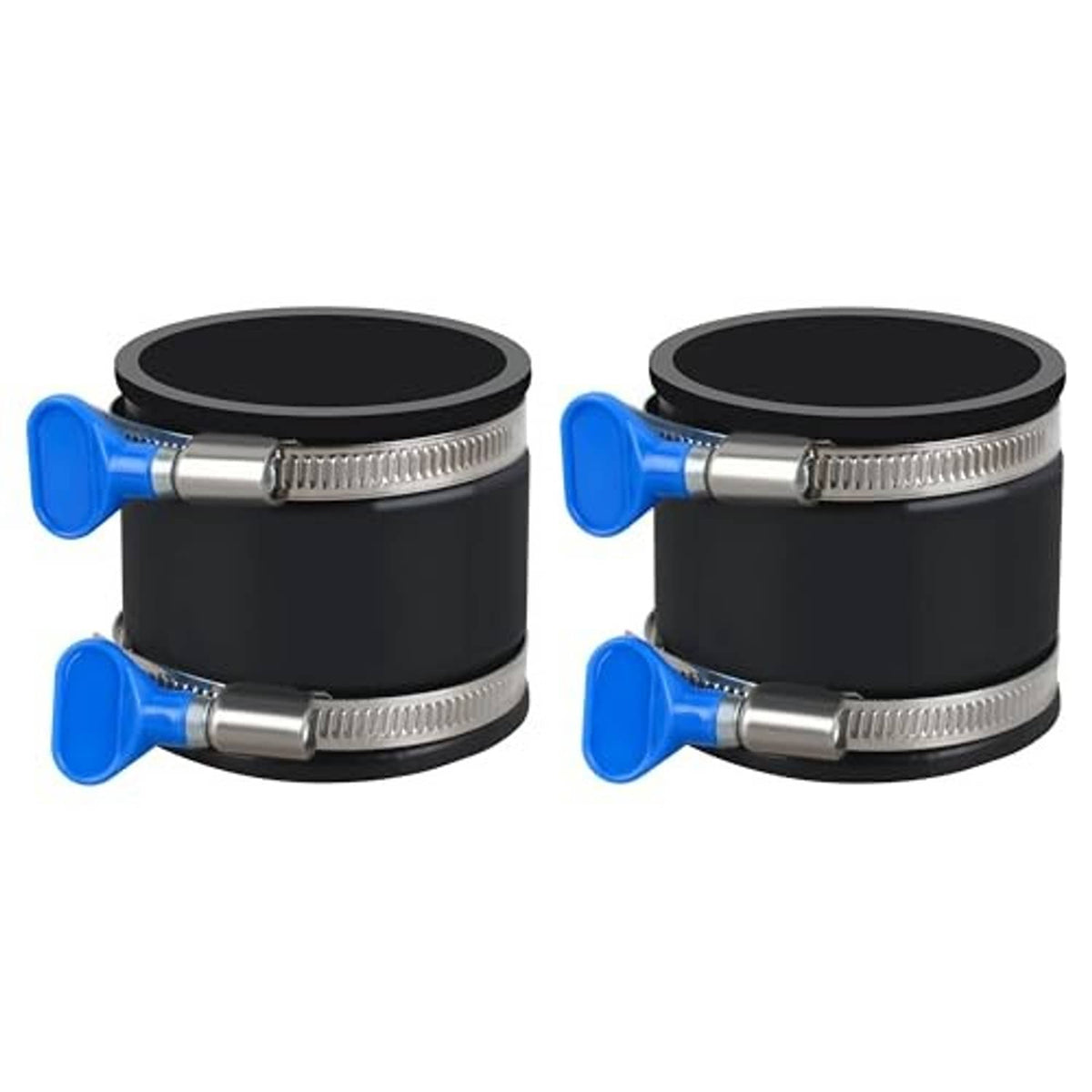 Two-piece black dust cuff coupler set with blue-handled steel hose clamps