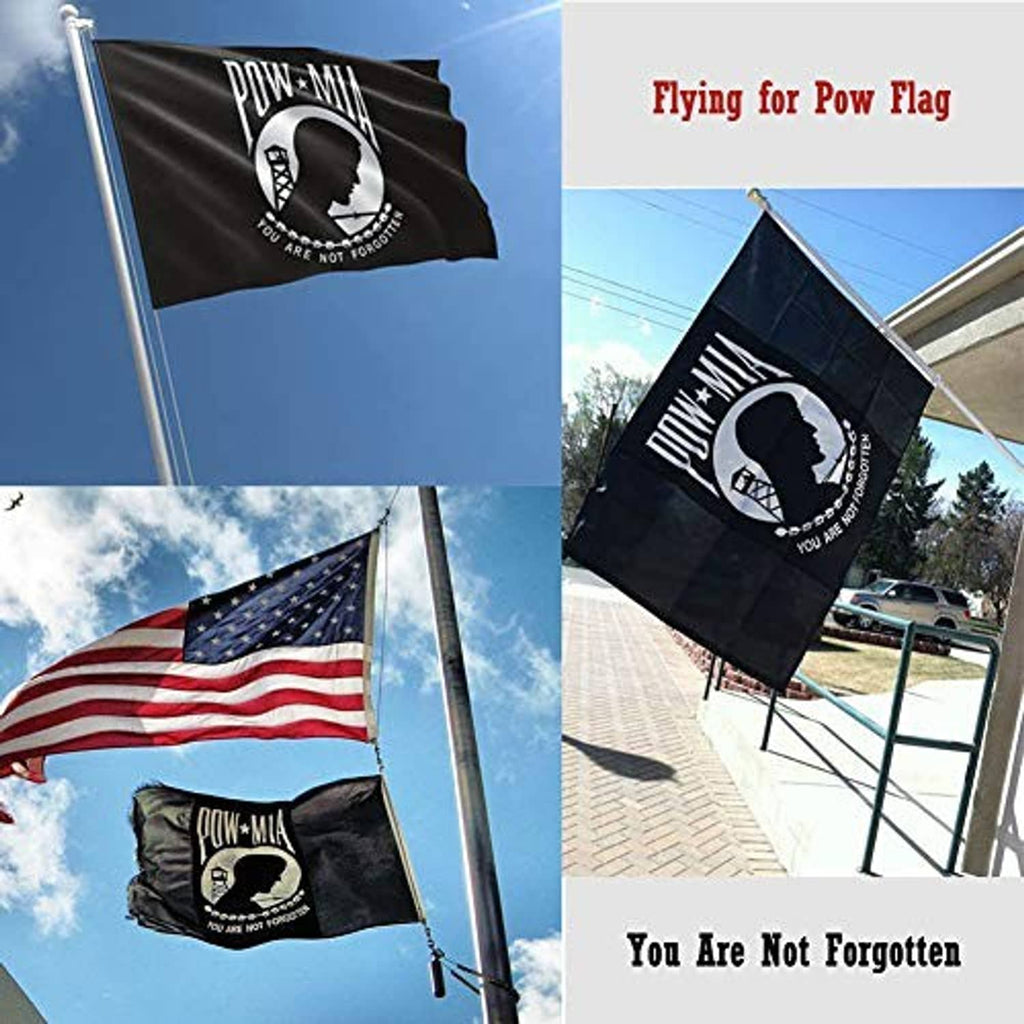 POW-MIA black flag flying on an outdoor pole with soldier emblem and “You are not forgotten”