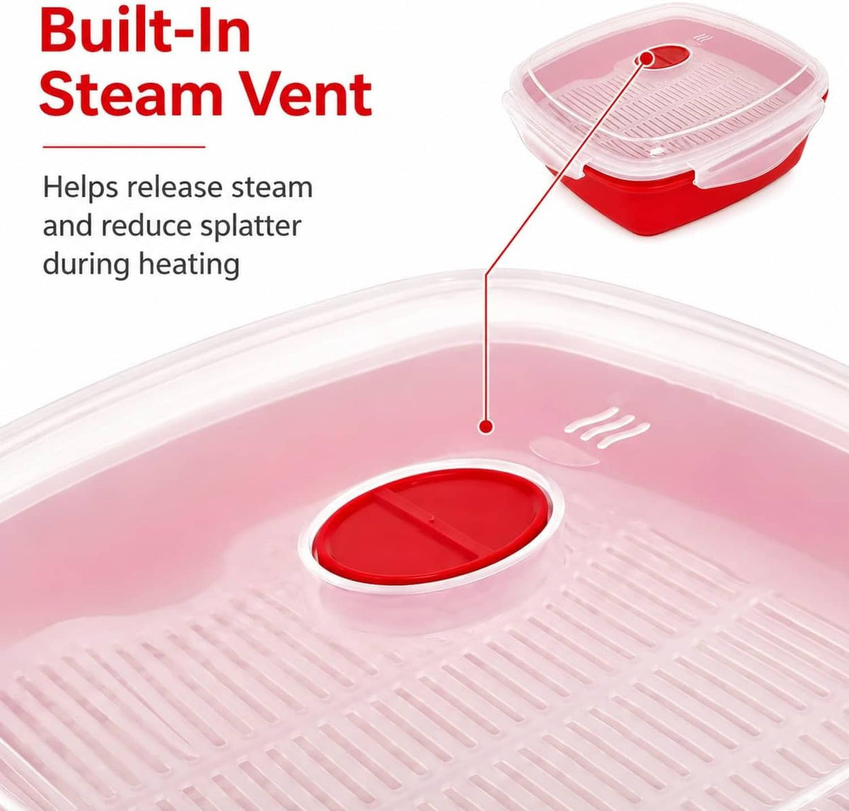 Vented steam vent on clear microwave steamer lid over red base with vented grille