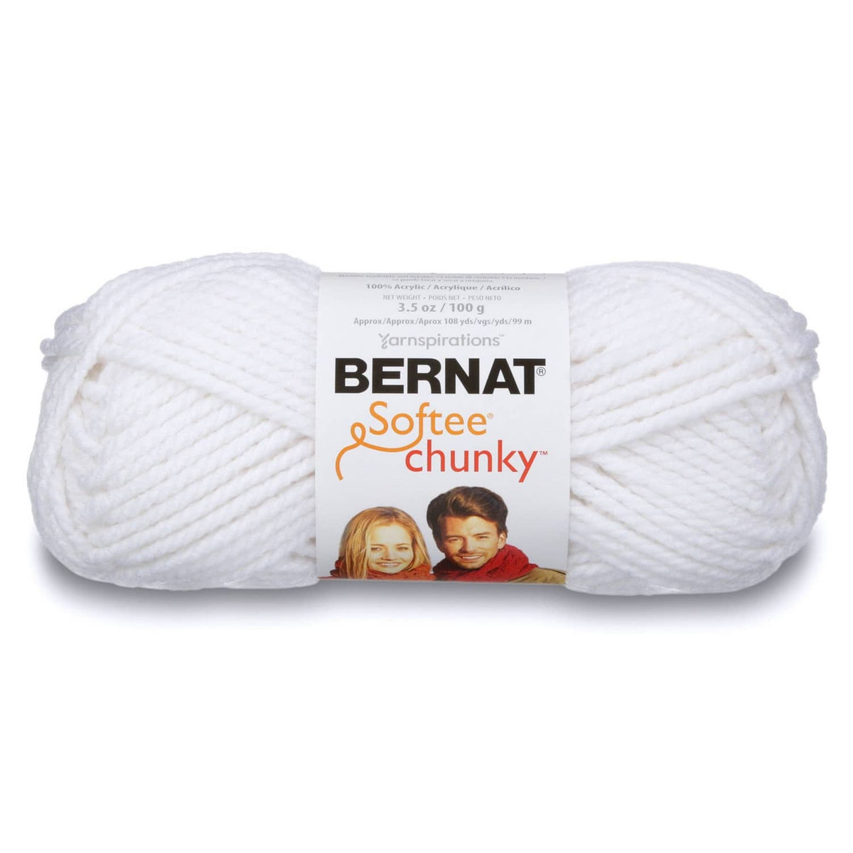 White chunky acrylic yarn skein pair with Bernat Softee Chunky label
