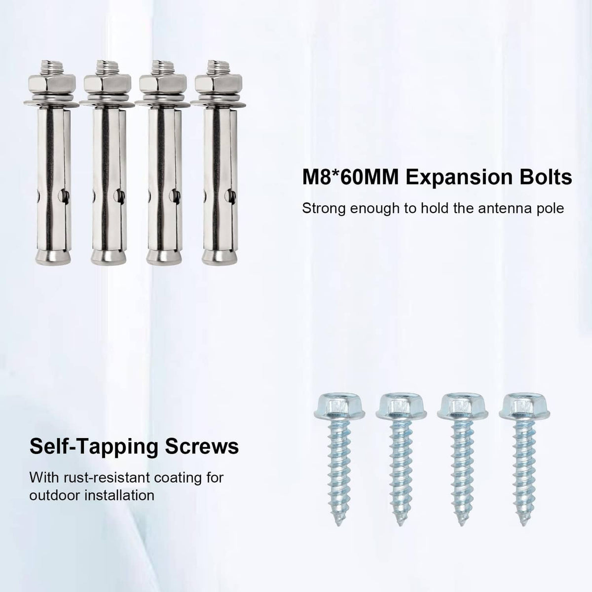 RF antenna wall mount hardware: expansion bolts and self-tapping screws set