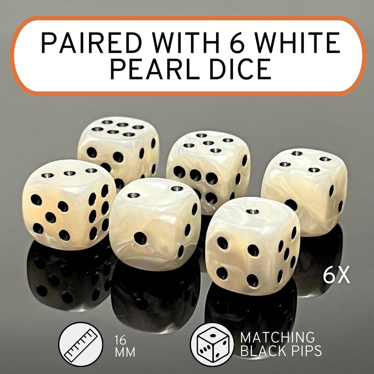 Group of 6 white pearl dice with tan highlights next to a brown leather dice cup