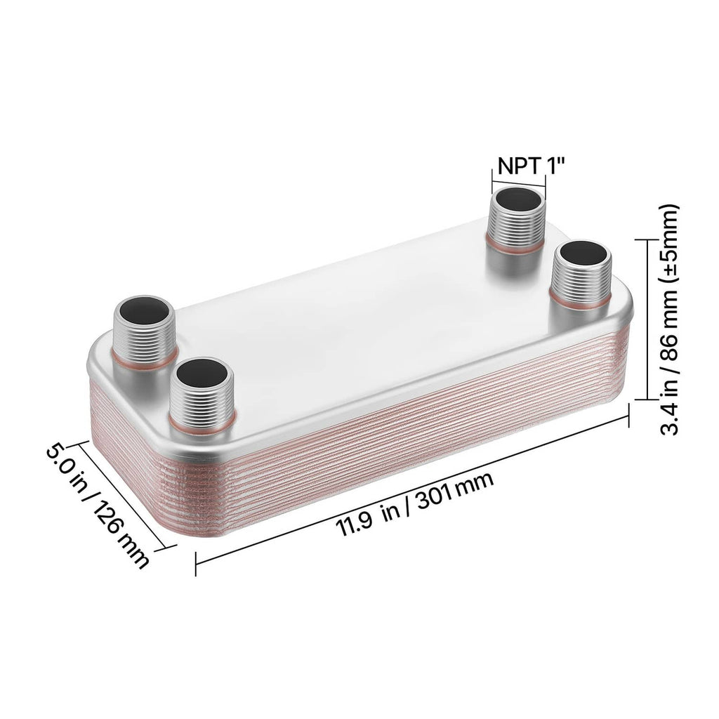 Plate heat exchanger with three threaded ports on top and copper plate core