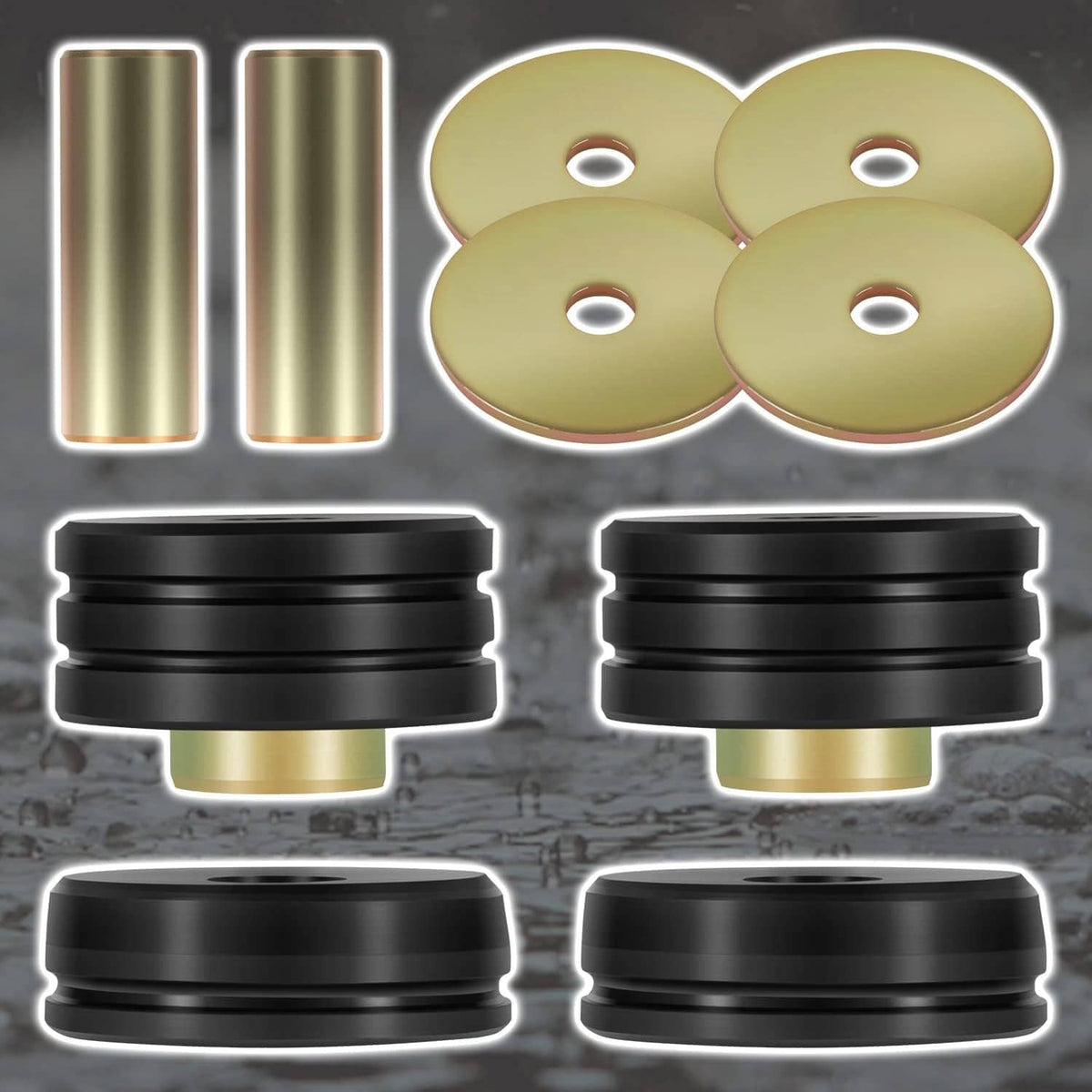 Black isolator mounts with gold bushings and gold washers, front view set