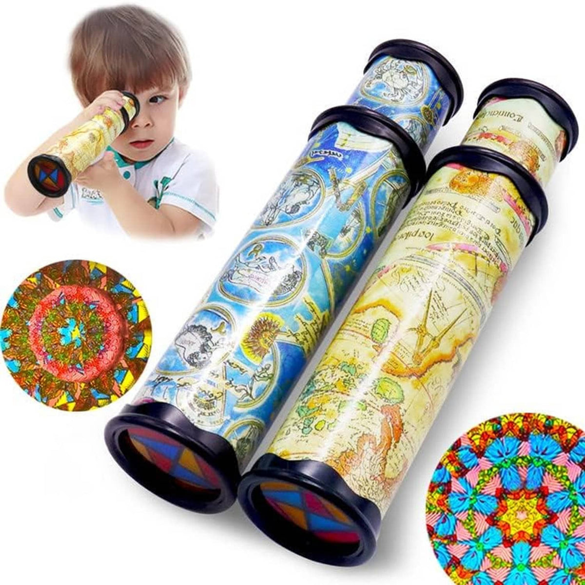 Two magic kaleidoscopes side by side, blue and gold patterned tubes