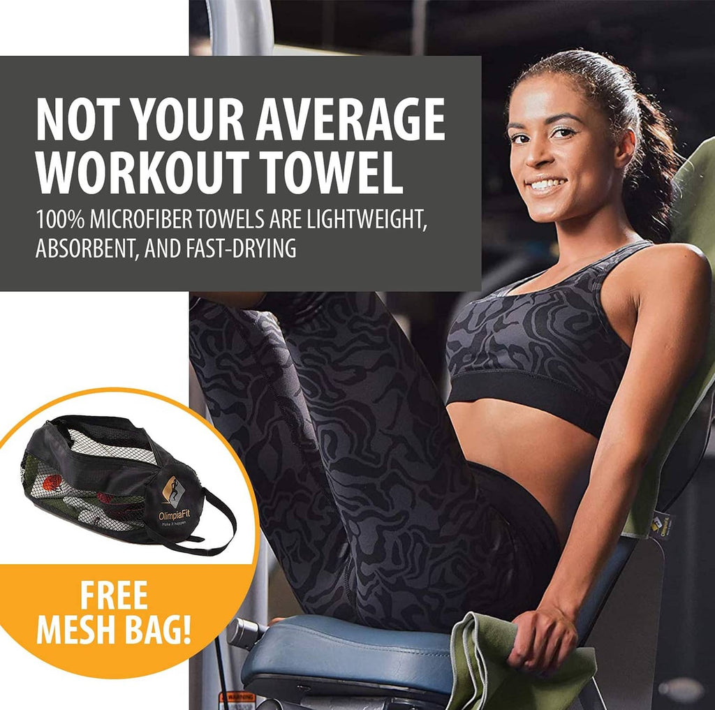 Workout microfiber towel with mesh bag, held by athlete