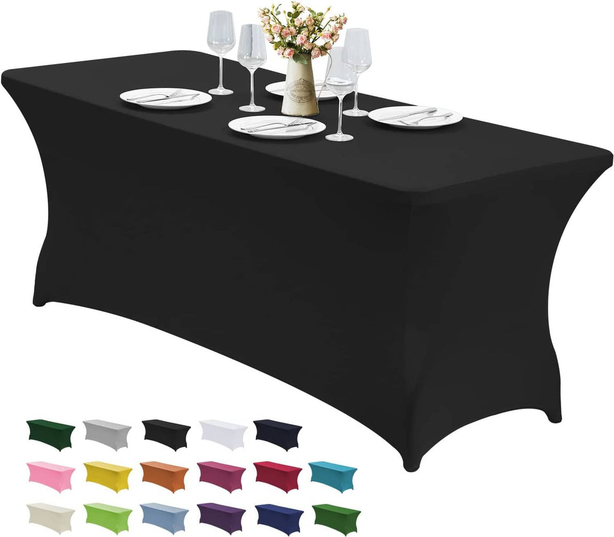 Rectangular table cover, black stretch spandex with draped skirt over table