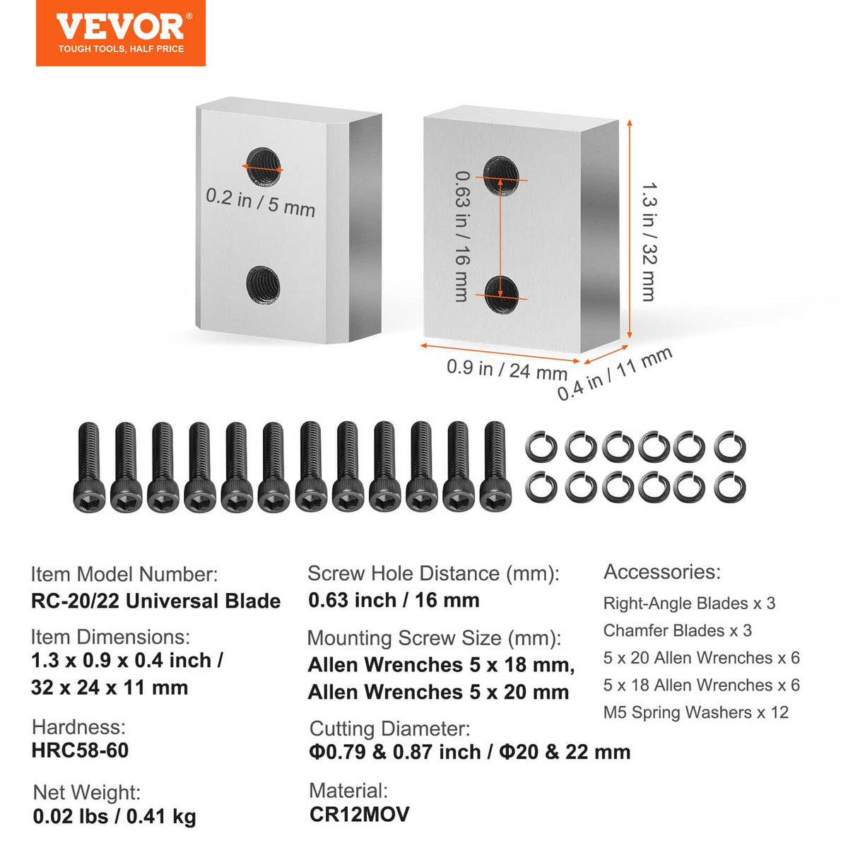 Universal rebar cutter blade jaw blocks with black screws, washers, and marked sizes